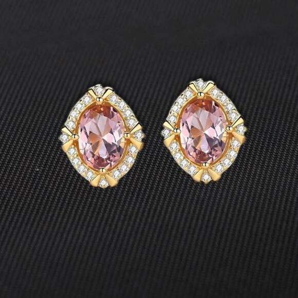 18K Gold Plated Pigeon Egg Oval Morganite Stud Earring 925 Sterling Pink OS NWT - Picture 1 of 8
